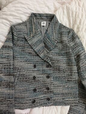CAbi Tweed Double-Breasted Jacket in Grey and Teal
